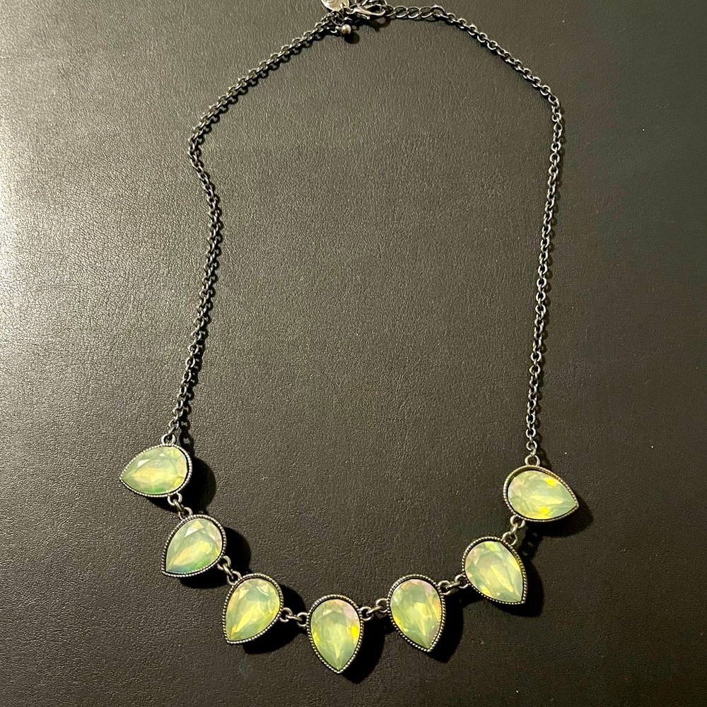 Charcoal metal and iridescent green tear drop bead necklace